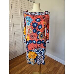 Emilio Pucci Orange Floral Print Sheath Dress 6 Mod Psychedelic Designer Retro